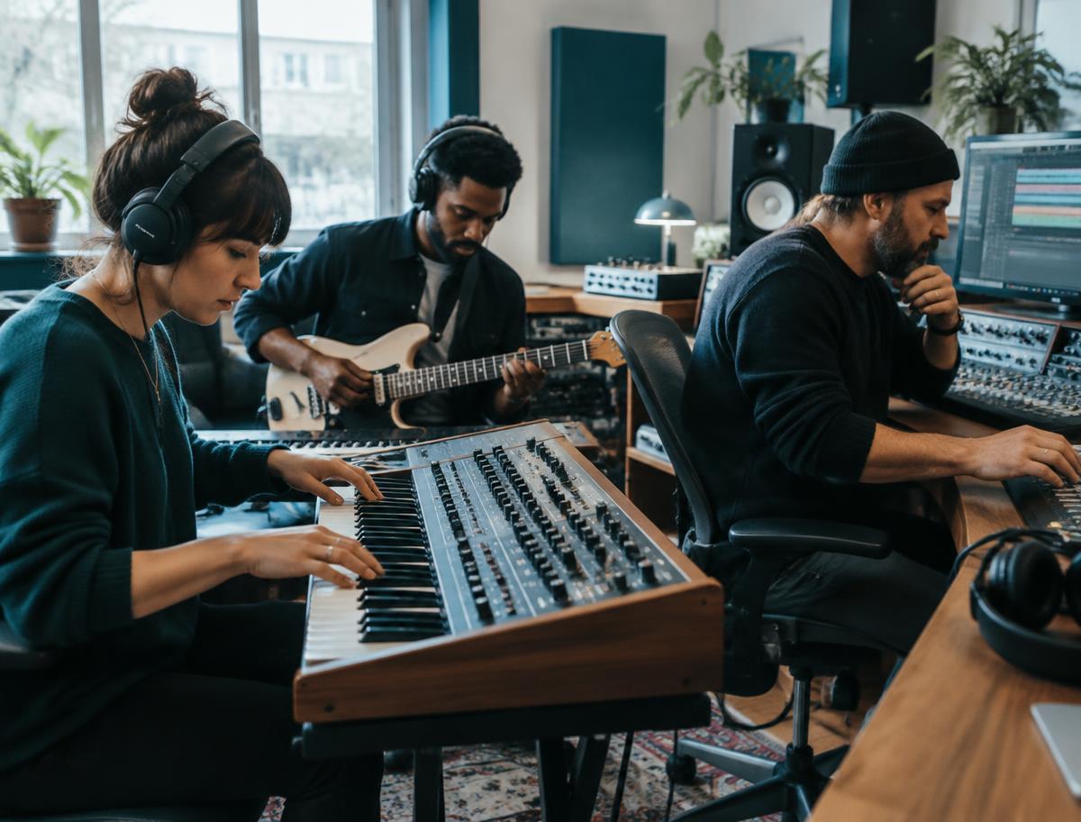 Musicians collaborating in a studio